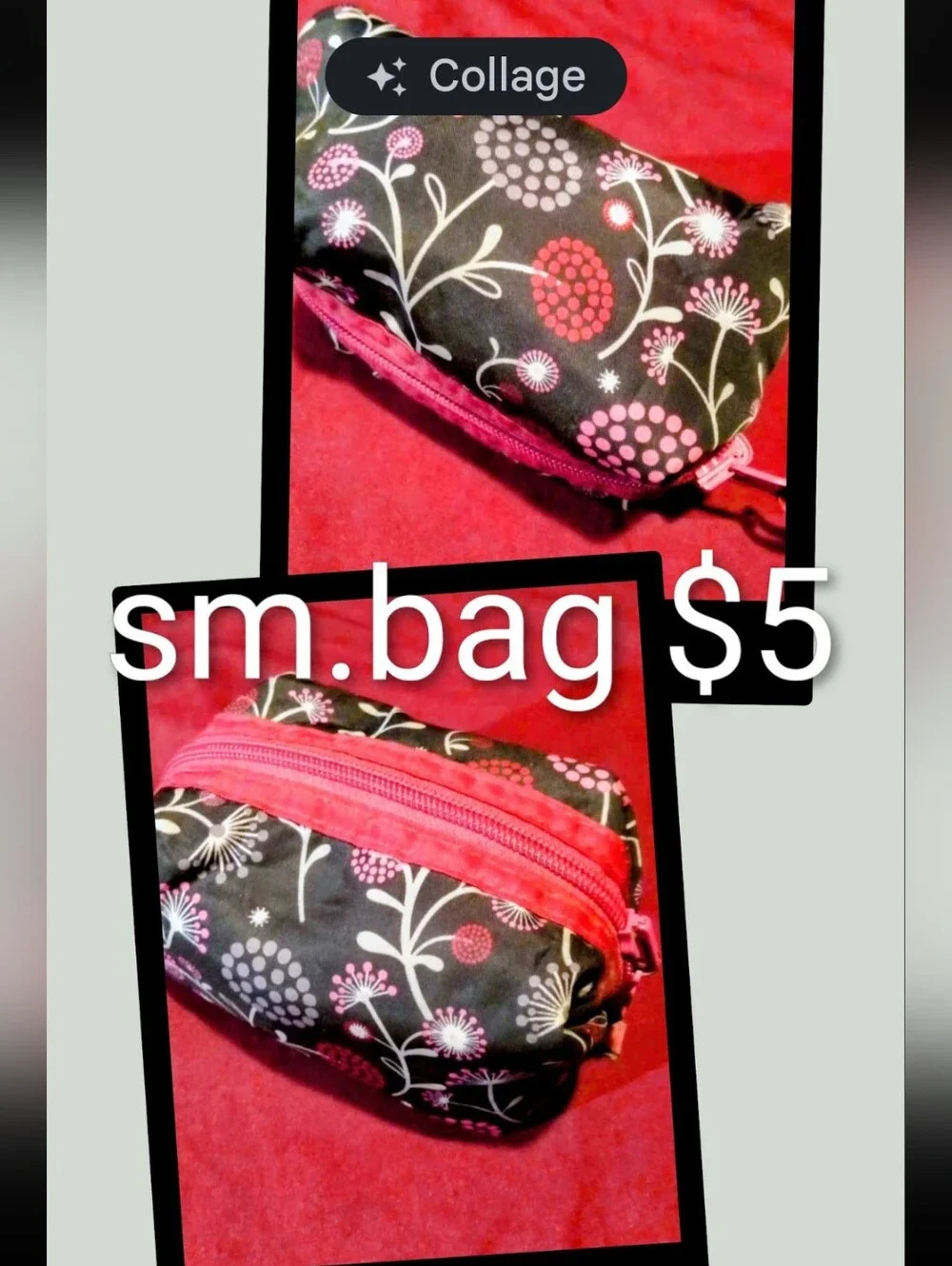 Floral Zip Cosmetic Pouch - Black with Pink Accents